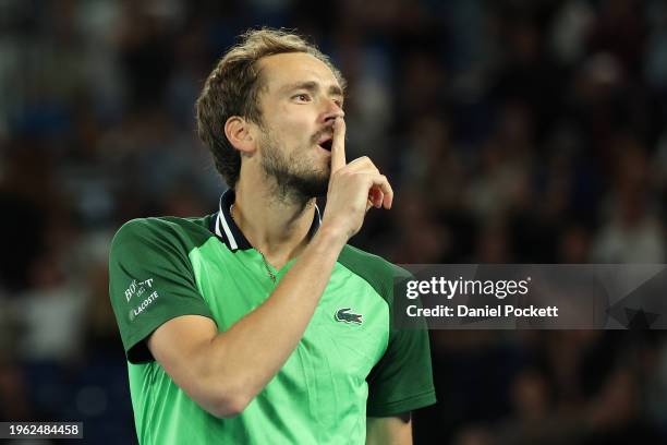 Daniil Medvedev celebrates winning match point in their Semifinal singles match against Alexander Zverev of Germany during the 2024 Australian Open...