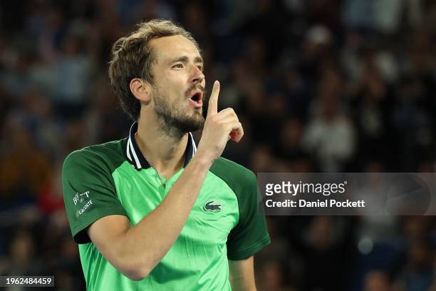 Daniil Medvedev celebrates winning match point in their Semifinal singles match against Alexander Zverev of Germany during the 2024 Australian Open...
