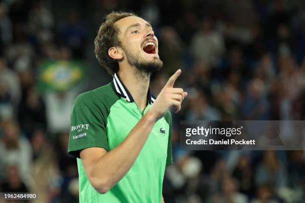 Daniil Medvedev celebrates winning match point in their Semifinal singles match against Alexander Zverev of Germany during the 2024 Australian Open...