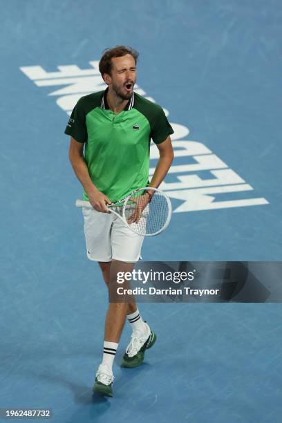 Daniil Medvedev celebrates winning match point in their Semifinal singles match against Alexander Zverev of Germany during the 2024 Australian Open...