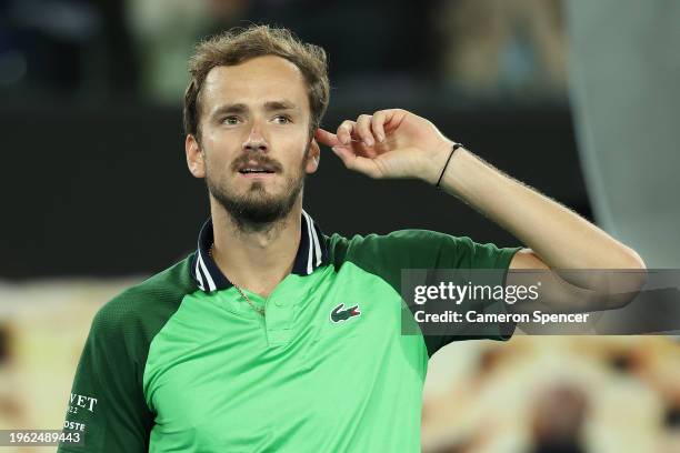 Daniil Medvedev celebrates winning match point in their Semifinal singles match against Alexander Zverev of Germany during the 2024 Australian Open...