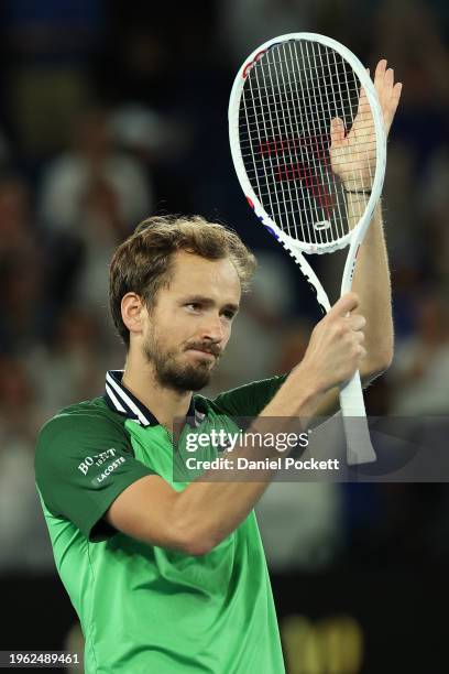 Daniil Medvedev celebrates winning match point in their Semifinal singles match against Alexander Zverev of Germany during the 2024 Australian Open...