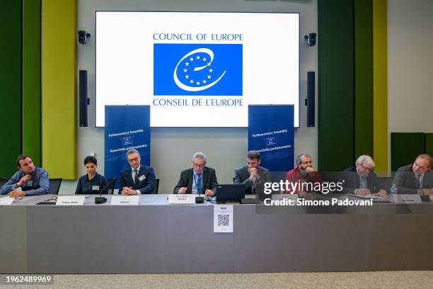 The group of activists and survivors from Justice Initiative keeps a press conference after the positive vote at the Council of Europe in the...