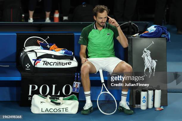 Daniil Medvedev reacts after winning match point in their Semifinal singles match against Alexander Zverev of Germany during the 2024 Australian Open...