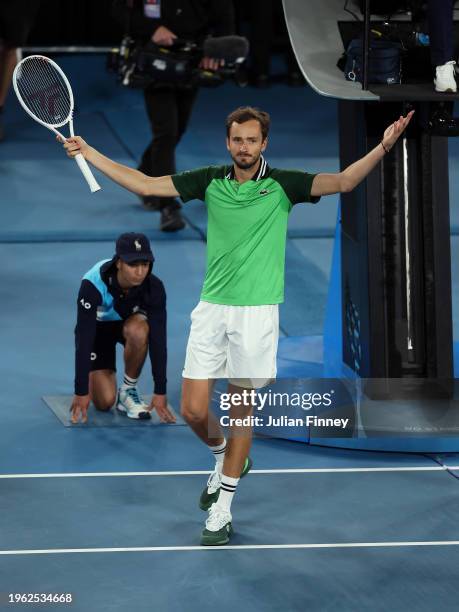 Daniil Medvedev celebrates in their Semi final singles match against Alexander Zverev of Germany during the 2024 Australian Open at Melbourne Park on...