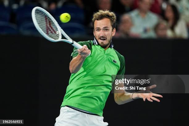 Daniil Medvedev plays a forehand in the Men's Singles Semi Finals match against Alexander Zverev of Germany during day thirteen of the 2024...
