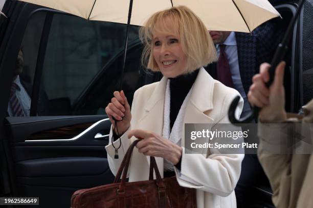 Jean Carroll arrives at Manhattan federal court in New York as her defamation suit against Donald Trump continues on January 26, 2024 in New York...