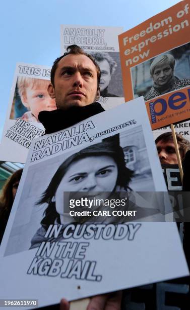 British actor Jude Law joins protesters in a march to campaign for free speech in Belarus, in central London, on March 28, 2011. British actor Jude...