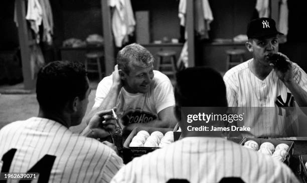 Mickey Mantle of the New York Yankees in the clubhouse prior to a game against the Boston Red Sox at Yankee Stadium on June 28, 1963 in New York, New...