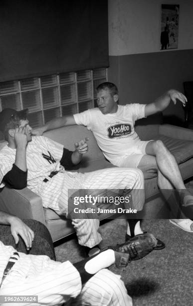 Mickey Mantle and Ralph Terry of the New York Yankees in the clubhouse prior to a game against the Boston Red Sox at Yankee Stadium on June 28, 1963...