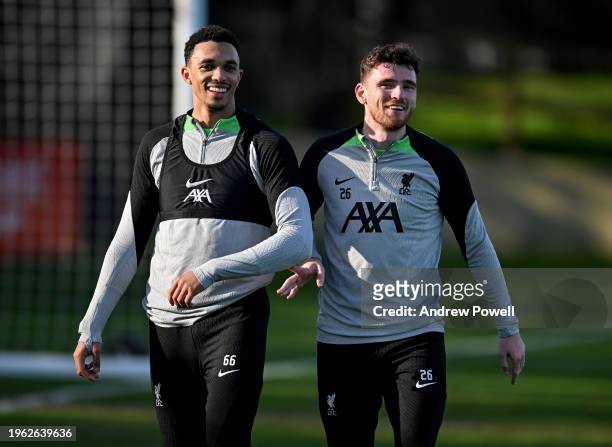 Trent Alexander-Arnold and Andy Robertson of Liverpool during a training session at AXA Training Centre on January 26, 2024 in Kirkby, England.