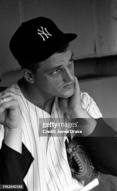 Roger Maris of the New York Yankees looks on prior to a game against the Boston Red Sox at Yankee Stadium in June, 1963 in New York, New York.