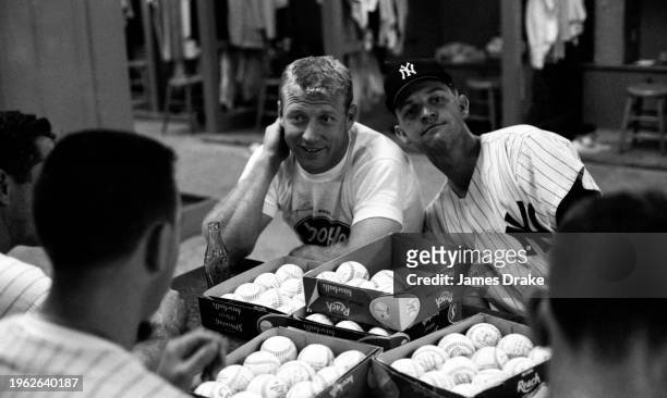 Mickey Mantle of the New York Yankees in the clubhouse prior to a game against the Boston Red Sox at Yankee Stadium on June 28, 1963 in New York, New...
