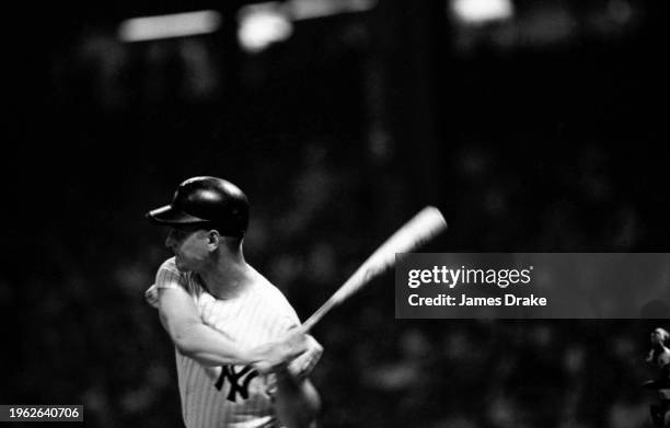 Roger Maris of the New York Yankees bats during a game against the Boston Red Sox at Yankee Stadium on June 28, 1963 in New York, New York.