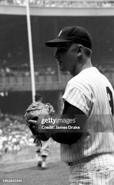 Roger Maris of the New York Yankees warms up prior to a game against the Boston Red Sox at Yankee Stadium in June, 1963 in New York, New York.