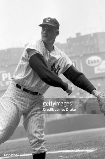 Roger Maris of the New York Yankees warms up prior to a game against the Boston Red Sox at Yankee Stadium in June, 1963 in New York, New York.