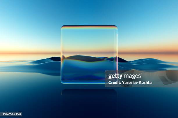glass cube monolith 3d cgi landscape sunset - lac reflection lake photos et images de collection