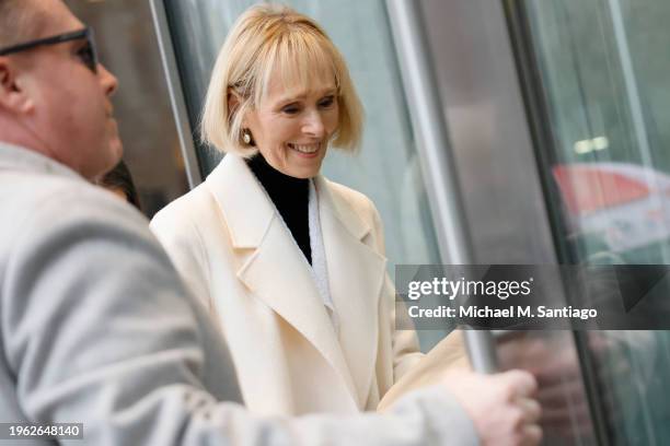 Jean Carroll arrives for her civil defamation trial against former President Donald Trump at Manhattan Federal Court on January 26, 2024 in New York...