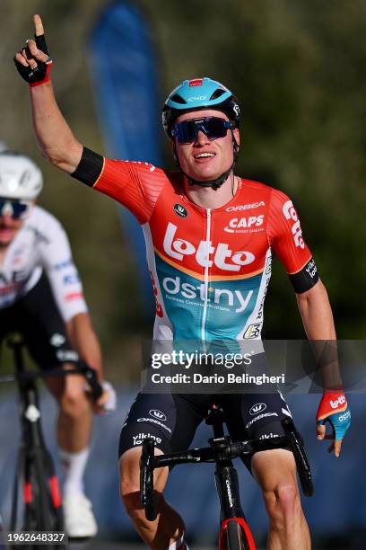 Lennert Van Eetvelt of Belgium and Team Lotto Dstny celebrates at finish line as race winner during the 33rd Challenge Ciclista Mallorca 2024 -...