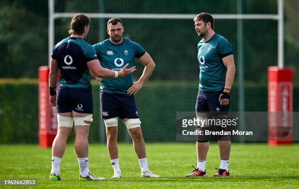 Faro , Portugal - 29 January 2024; Joe McCarthy, left, Tadhg Beirne and Iain Henderson during an Ireland Rugby squad training session at The Campus...