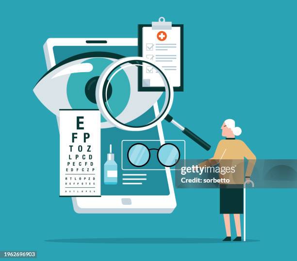 illustrations, cliparts, dessins animés et icônes de online ophthalmic touchscreen application - elderly woman - opticien magasin