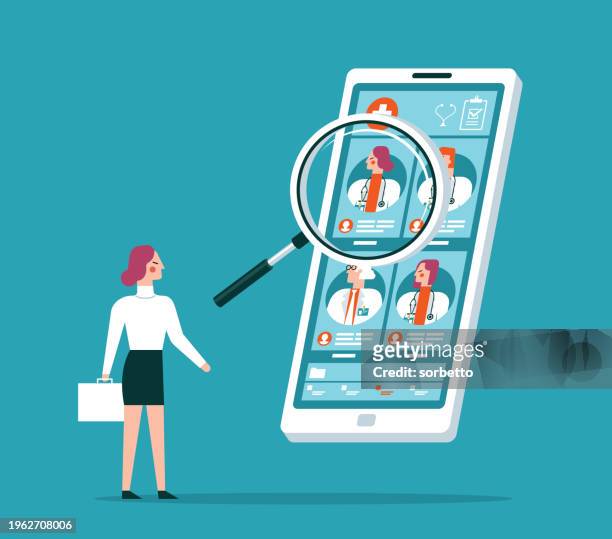 ilustraciones, imágenes clip art, dibujos animados e iconos de stock de chooses doctor - businesswoman - lateral portrait looking mobile