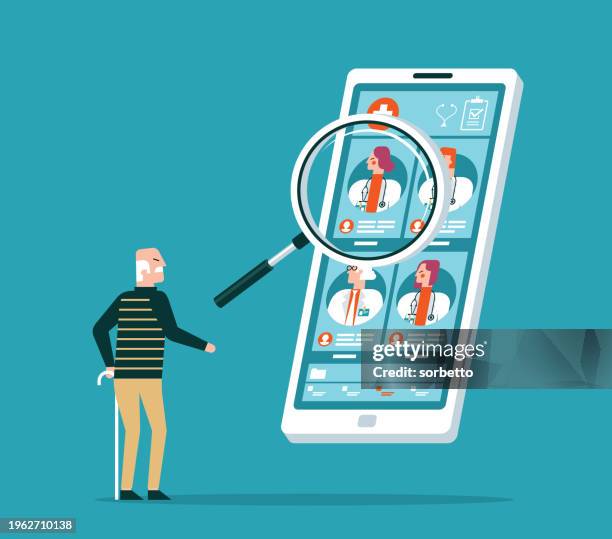 chooses doctor - elderly man - old man on computer stock illustrations