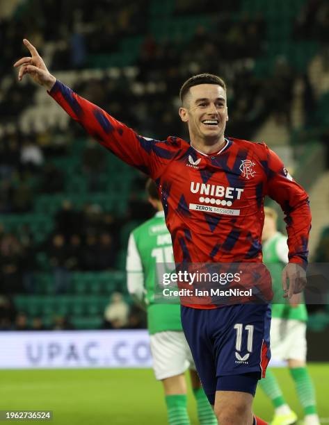 Tom Lawrence of Rangers celebrates after scoring, only for VAR to rule it off side during the Cinch Scottish Premiership match between Hibernian FC...