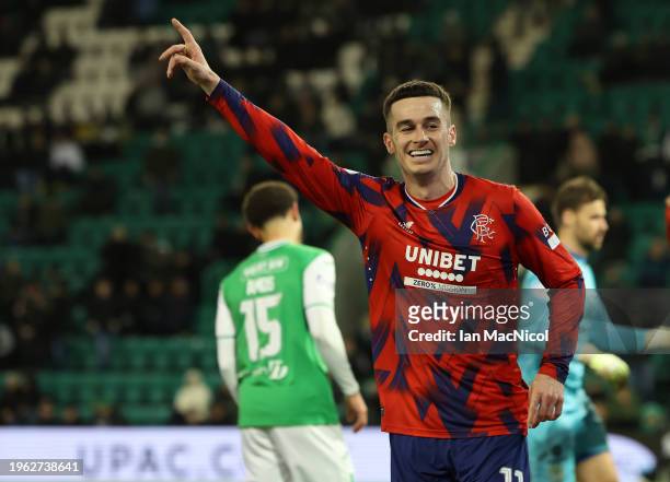 Tom Lawrence of Rangers celebrates after scoring, only for VAR to rule it off side during the Cinch Scottish Premiership match between Hibernian FC...