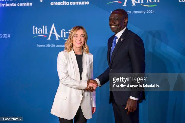 Italian Prime Minister Giorgia Meloni welcomes President of Kenya William Samoei Ruto as he arrives for the Italy-Africa international summit "A...