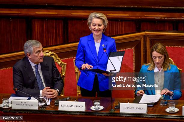 European Commission Ursula von der Leyen delivers her speech during the Italy-Africa international summit "A bridge for common growth" at the Italian...