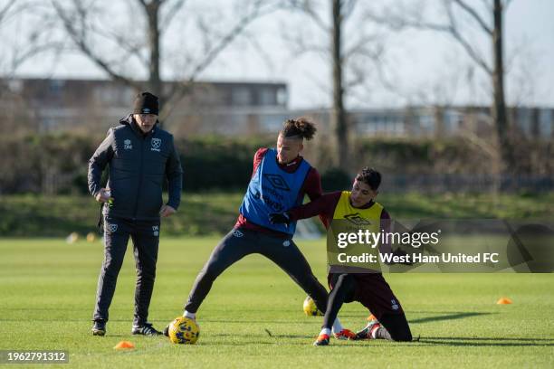 New signing Kalvin Phillips takes part in his first training session after signing for the club at Rush Green on January 26, 2024 in Romford, England.