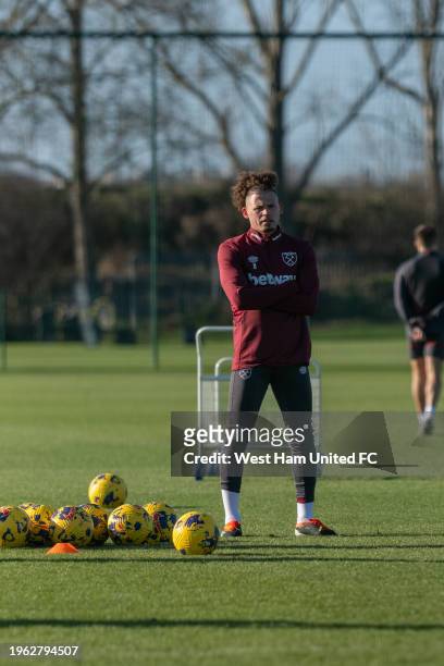 New signing Kalvin Phillips takes part in his first training session after signing for the club at Rush Green on January 26, 2024 in Romford, England.