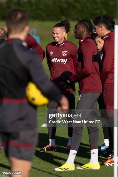 New signing Kalvin Phillips takes part in his first training session after signing for the club at Rush Green on January 26, 2024 in Romford, England.