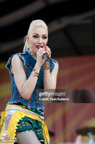 Gwen Stefani of No Doubt performing during the 2015 New Orleans Jazz and Heritage Festival at the Fairgrounds Race Track in New Orleans, Louisiana on...