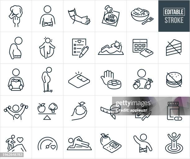 bildbanksillustrationer, clip art samt tecknat material och ikoner med diet and exercise thin line icons - editable stroke - obesity icon