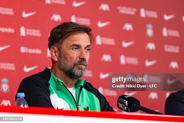 Jurgen Klopp of Liverpool addresses the media at a club press conference ahead of the Emirates FA Cup tie with Norwich City at AXA Training Centre on...