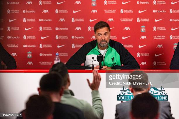 Jurgen Klopp of Liverpool addresses the media at a club press conference ahead of the Emirates FA Cup tie with Norwich City at AXA Training Centre on...