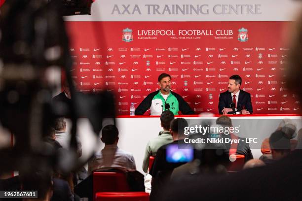 Jurgen Klopp and CEO Billy Hogan of Liverpool address the media at a club press conference ahead of the Emirates FA Cup tie with Norwich City at AXA...