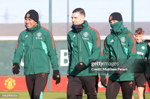 Casemiro, Diogo Dalot, Antony of Manchester United in action during a first team training session at Carrington Training Ground on January 26, 2024...