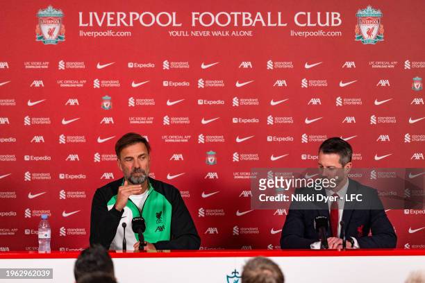 Jurgen Klopp and CEO Billy Hogan of Liverpool address the media at a club press conference ahead of the Emirates FA Cup tie with Norwich City at AXA...