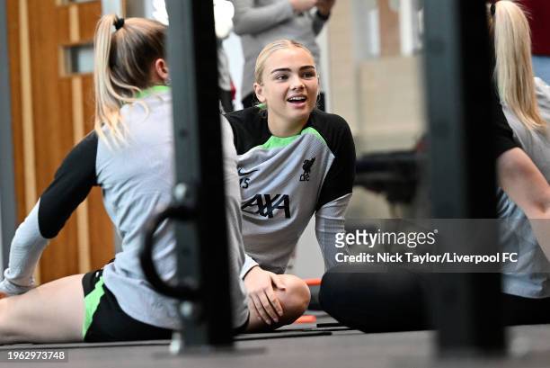 Sofie Lundgaard of Liverpool during a training session at AXA Melwood Training Centre on January 26, 2024 in Kirkby, England.