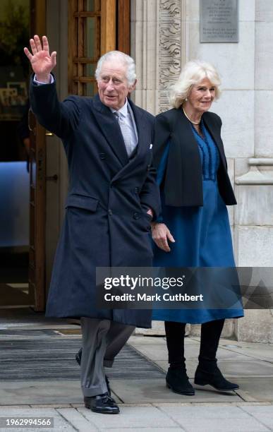 King Charles III with Queen Camilla leaves The London Clinic on January 29, 2024 in London, The King has been receiving treatment for an enlarged...