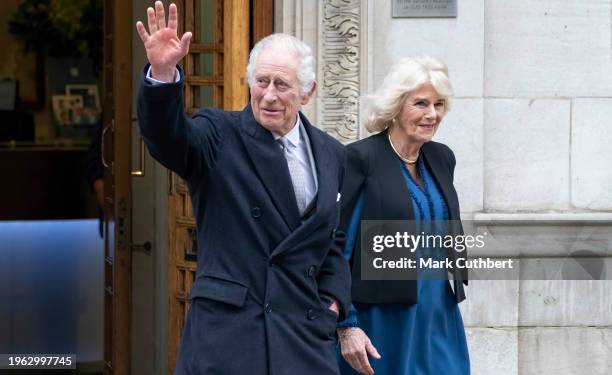 King Charles III with Queen Camilla leaves The London Clinic on January 29, 2024 in London, The King has been receiving treatment for an enlarged...