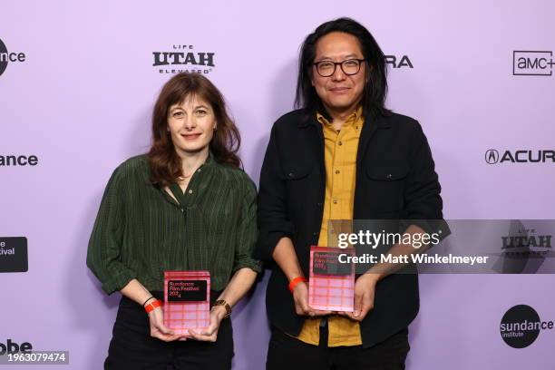 Directors Brett Story and Stephen Maing hold the U.S. Documentary Special Jury Award for their film Union during the 2024 Sundance Film Festival...