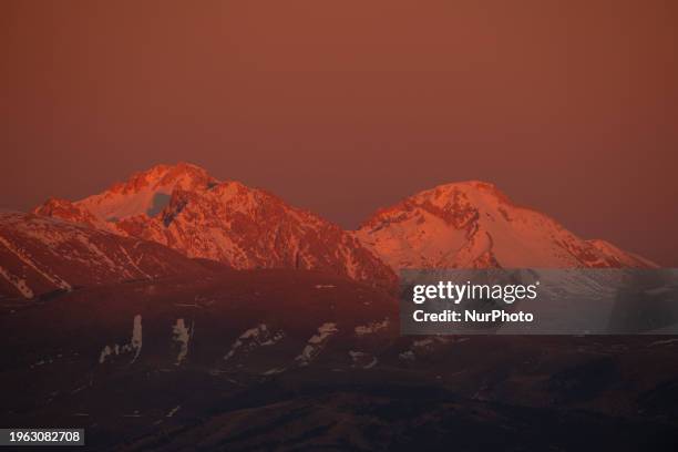 Monte Prena and Monte Camicia peaks are seen at sunset from Tornimparte , Italy, on January 25th, 2024. During the winter of 2024, temperatures have...