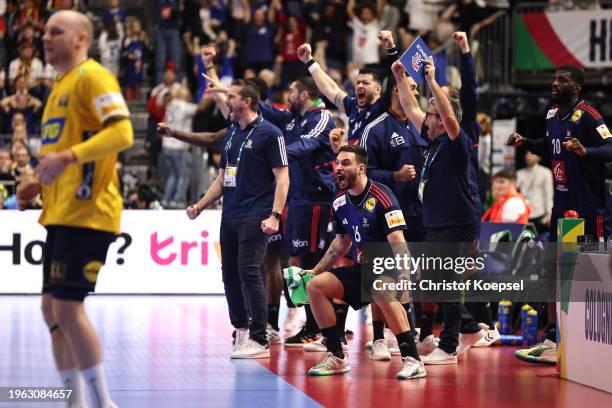 Hugo Descat of France celebrates with his team mates during the Men's EHF Euro 2024 first semi-final match between France and Sweden at Lanxess Arena...