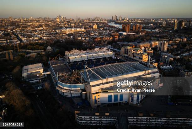 An aerial view of Stamford Bridge at sunset ahead of the Emirates FA Cup Fourth Round match between Chelsea and Aston Villa at Stamford Bridge on...