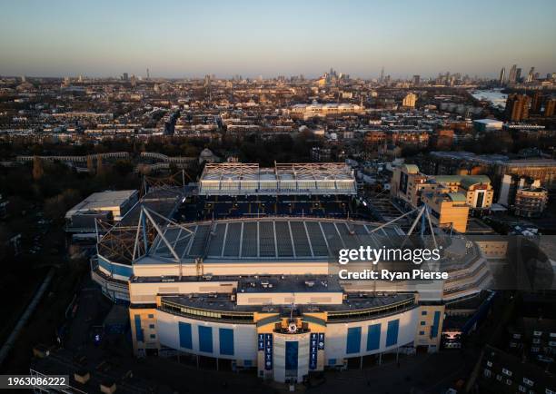 An aerial view of Stamford Bridge at sunset ahead of the Emirates FA Cup Fourth Round match between Chelsea and Aston Villa at Stamford Bridge on...