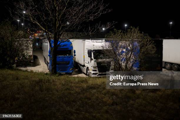 Several trucks on the AP-7 highway cut at the height of La Jonquera by the protest of French farmers, on 26 January, 2024 in Girona, Catalonia,...